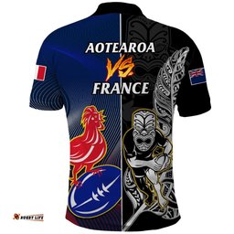 New Zealand And France Rugby Polo Shirt All Black With Les Bleus Together 2023 World Cup