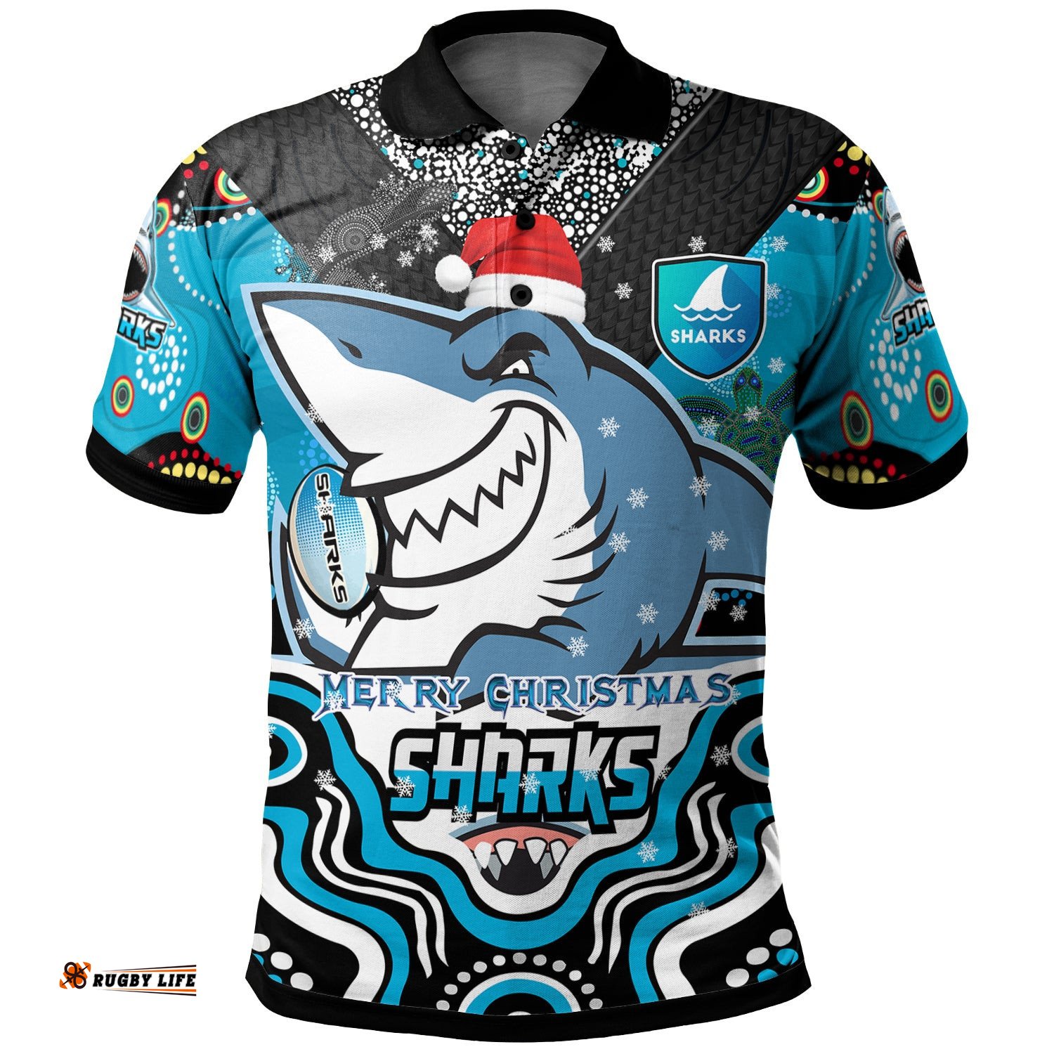 Sharks Rugby Christmas Polo Shirt - Custom Christmas Super Sharks Indigenous Polo Shirt Amazing Aussie
