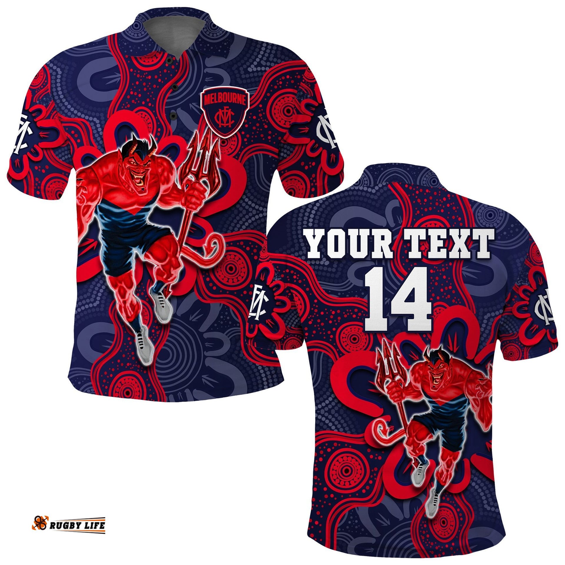 Custom Text And Number Demons Football 2022 Polo Shirt Australian Aboriginal Dot Painting Amazing Aussie