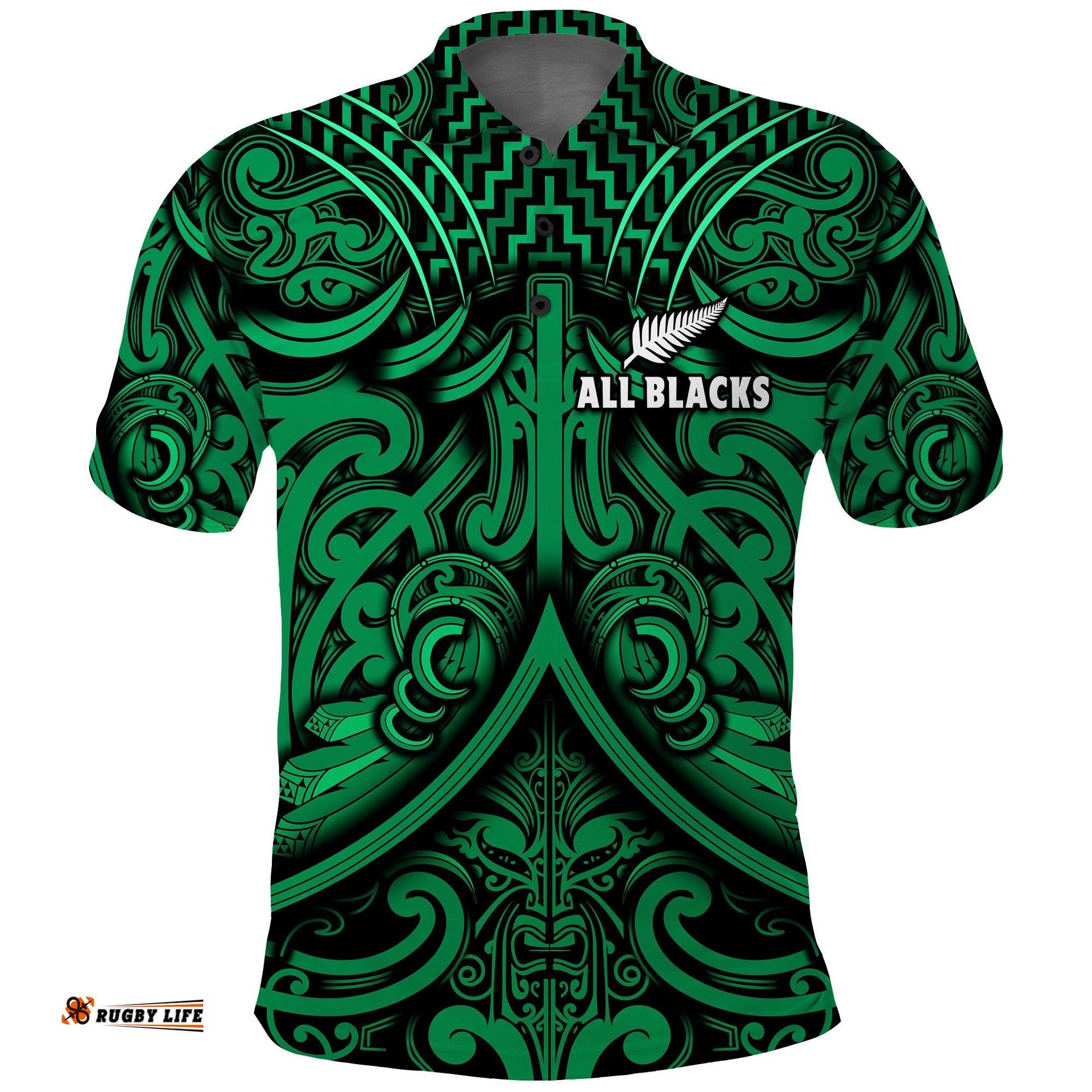 New Zealand Silver Fern Rugby Polo Shirt All Black Green NZ Maori Pattern Amazing Aussie