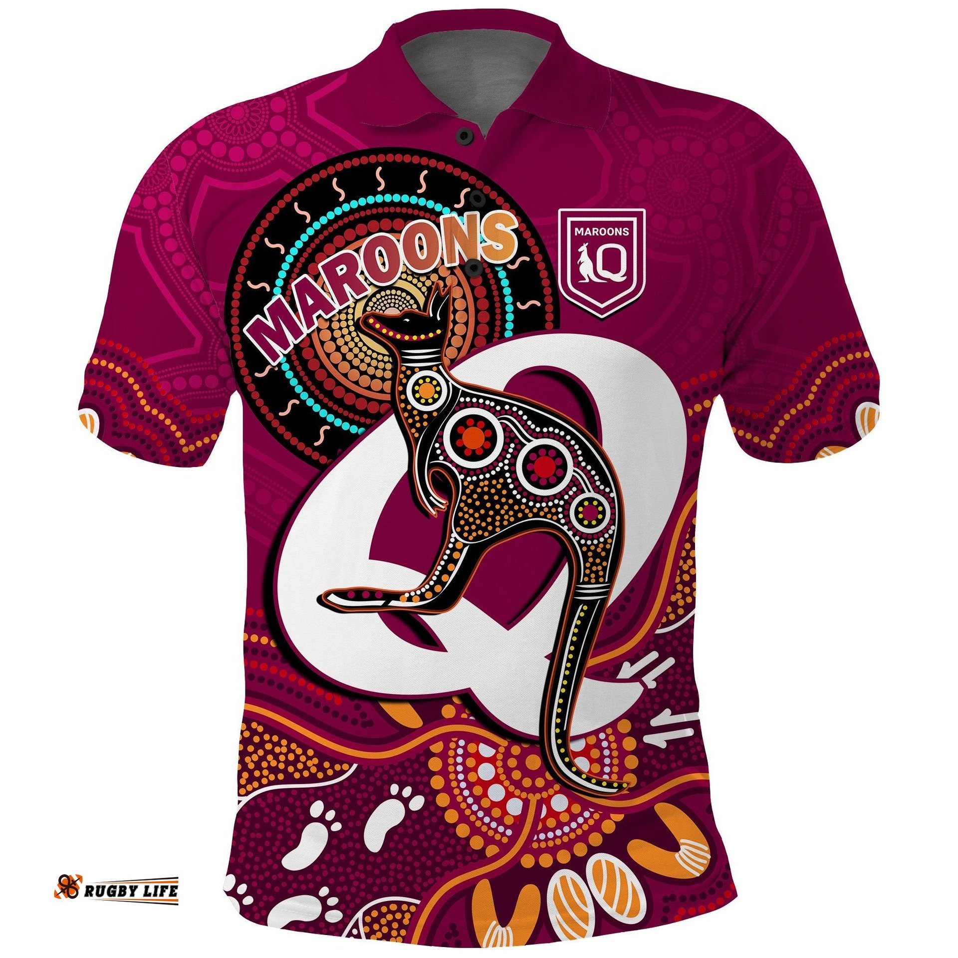 Maroons Rugby Polo Shirt Queensland Kangaroo Aboriginal Dot Paintings Amazing Aussie