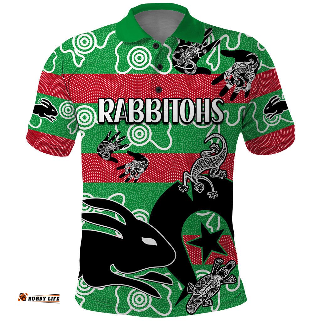 Custom Text And Number NAIDOC Rabbitohs Rugby Polo Shirt Go The Bunnies Aboriginal Dots