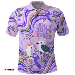 Personalised Australia Hippie Christmas Polo Shirt Cockatoo Kookaburra with Wattle Violet Pastel Color