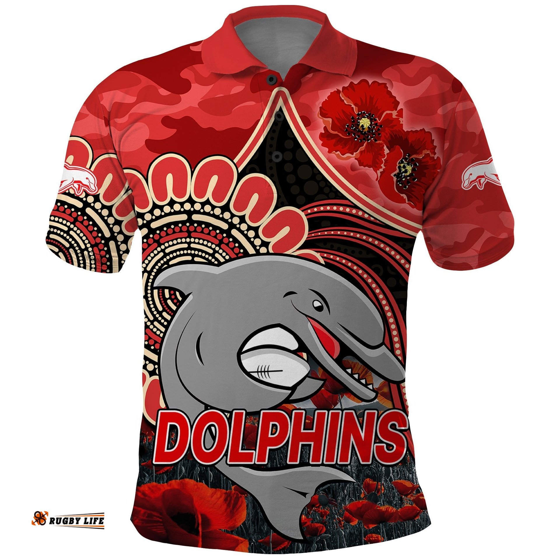 Custom Personalised NRL ANZAC Redcliffe Dolphins Poppy Flowers Polo Shirt Amazing Aussie