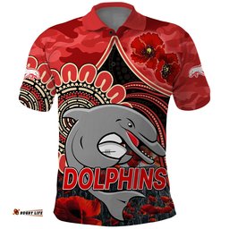 Custom Personalised NRL ANZAC Redcliffe Dolphins Poppy Flowers Polo Shirt Amazing Aussie
