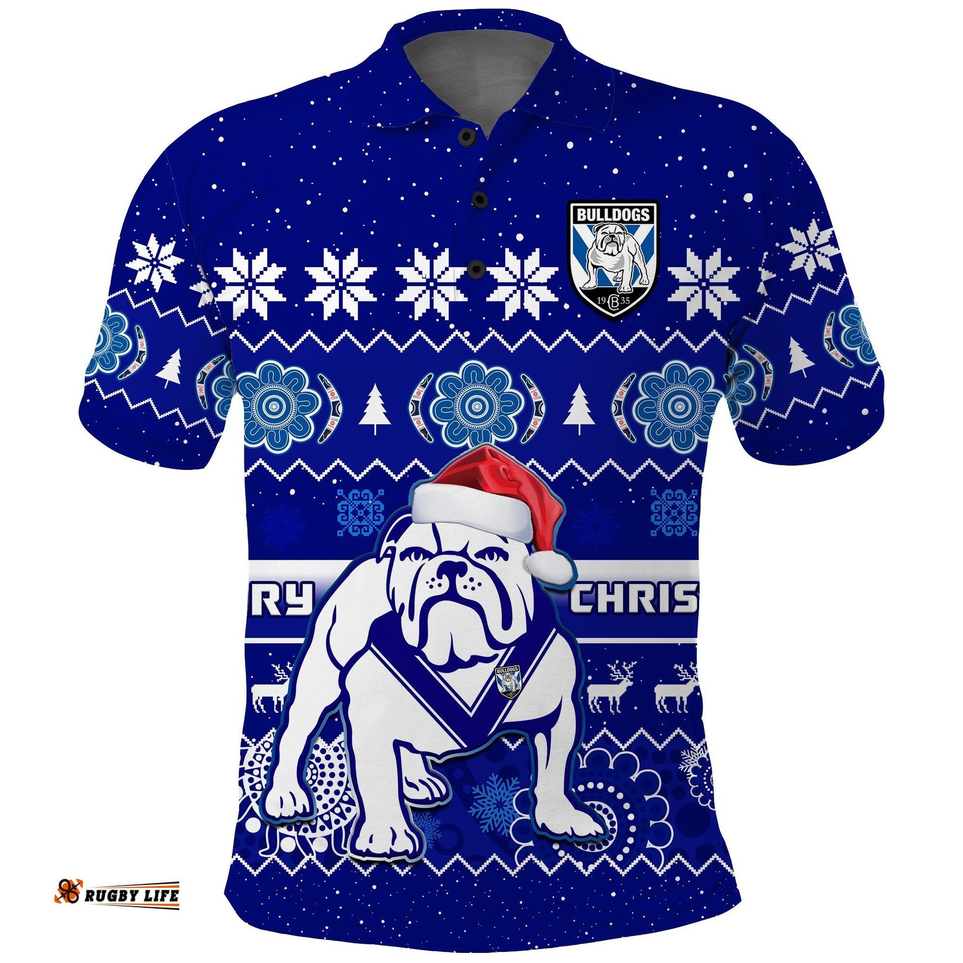 Bulldogs Rugby Christmas Polo Shirt Berries Merry Xmas Aboriginal Art Amazing Aussie