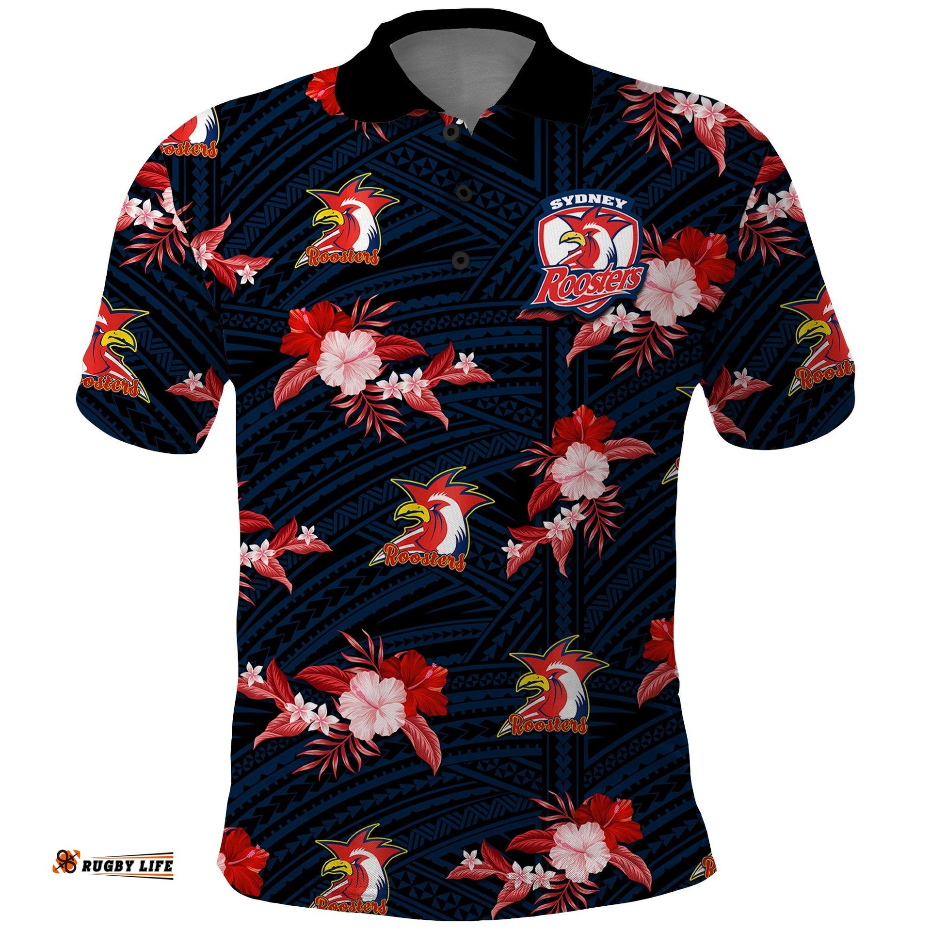 Custom Text And Number Roosters Rugby Polo Shirt Polynesian Tribal Mix Tropical Hawaiian Style