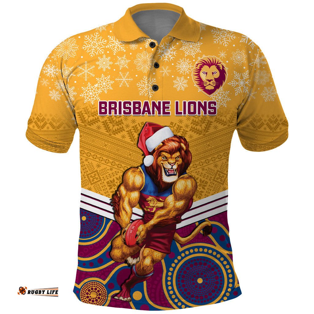Custom Brisbane Lions Football Christmas Polo Shirt Merry Xmas 2023 Mix Aboriginal Art