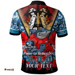 Sharks Rugby Polo Shirt - Custom Remembrance Day PAUSE TO REMEMBER Polo Shirt Amazing Aussie