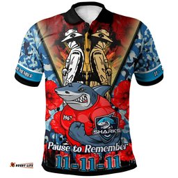 Sharks Rugby Polo Shirt - Custom Remembrance Day PAUSE TO REMEMBER Polo Shirt Amazing Aussie