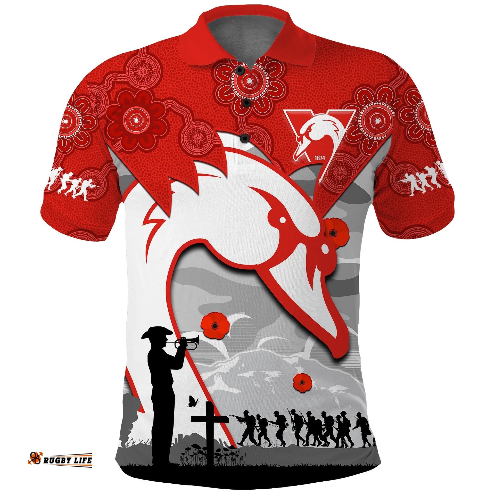 Swans Football ANZAC Polo Shirt Sydney Indigenous Camouflage Art Amazing Aussie
