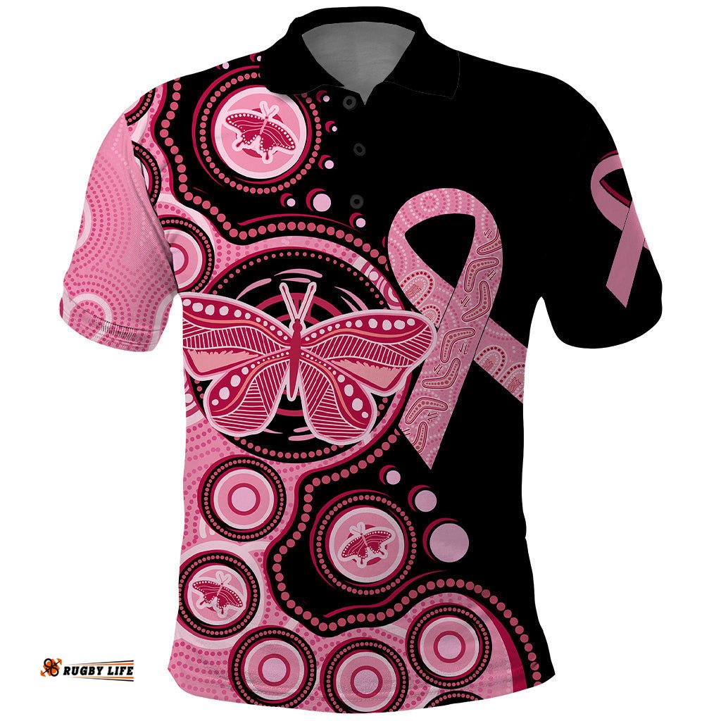 Australia Indigenous Polo Shirt Breast Cancer Ribbon Butterfly Aboriginal Arts