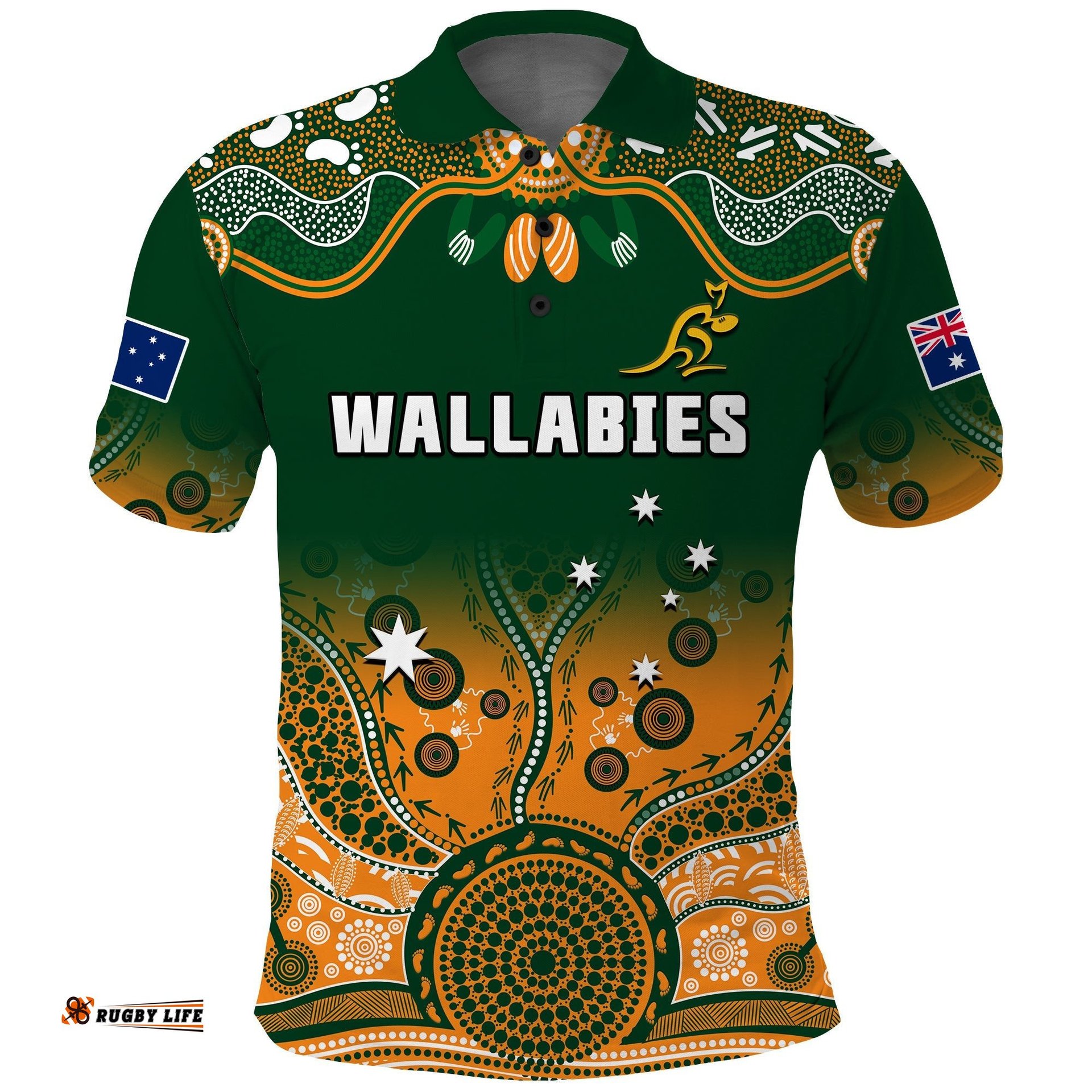 Custom Text And Number Australia Rugby Polo Shirt Wallabies Kangaroo Green Aboriginal Amazing Aussie