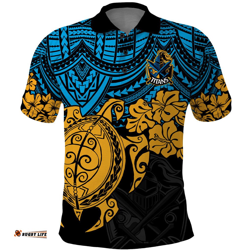 Custom Titans Rugby Polo Shirt GLD Hibiscus and Turtle With Polynesian Pattern