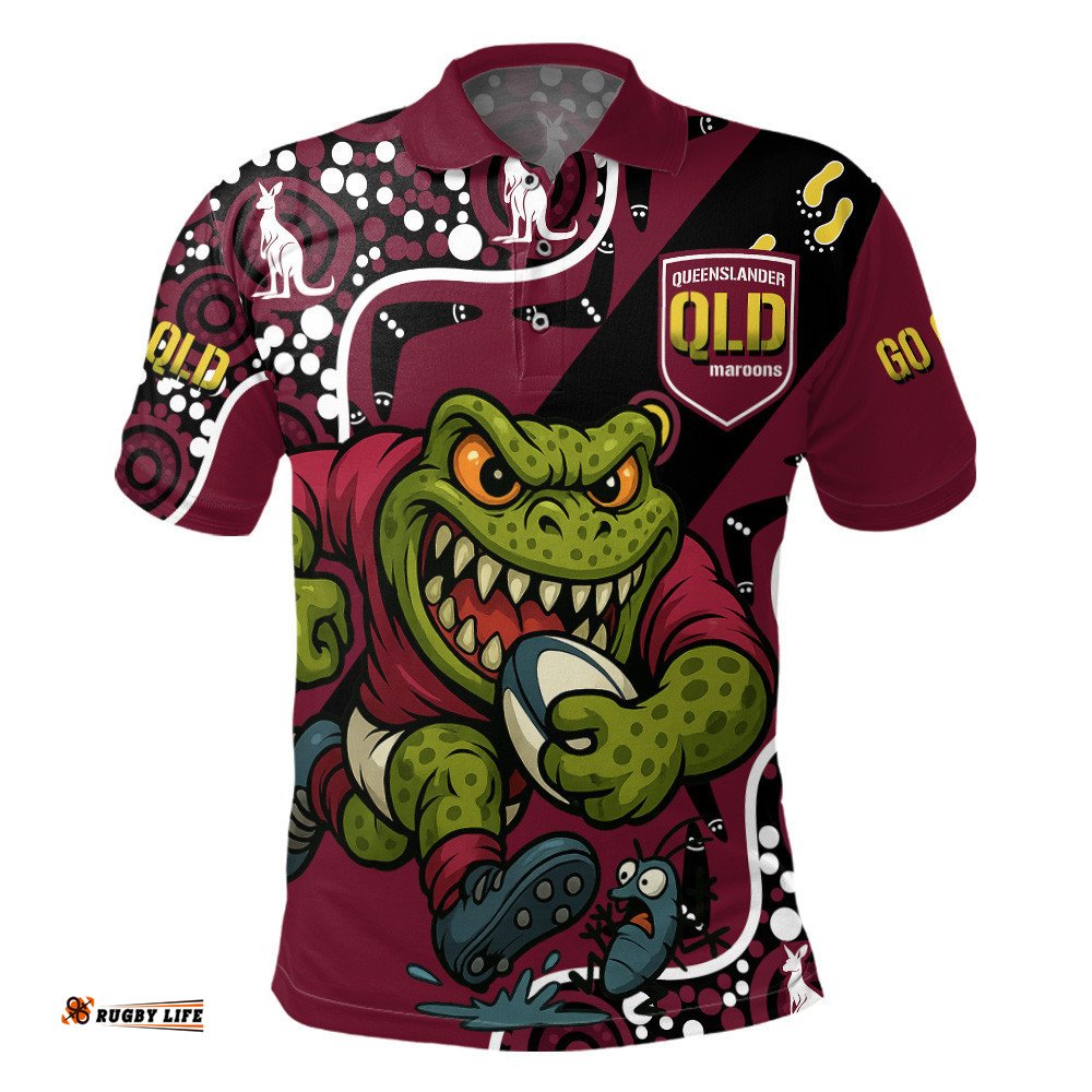 Queensland Rugby League Team Polo Shirt Indigenous - Custom Queensland Maroons Football Cane Toad Mascot Polo Shirt
