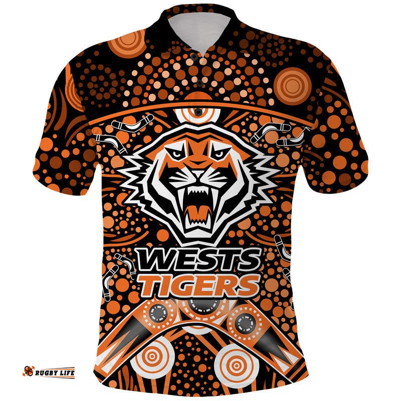Wests Tigers Rugby Polo Shirt Boomerang Indigenous Dots Amazing Aussie