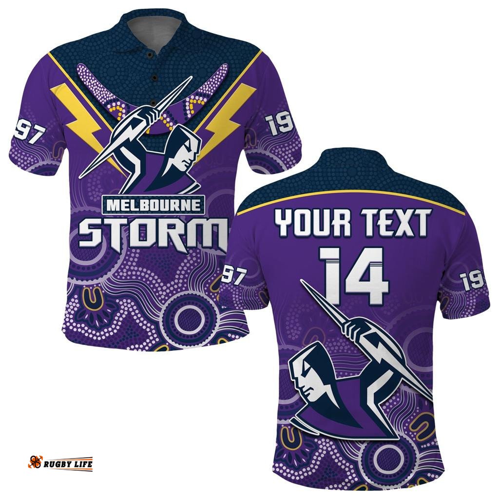 Custom Text And Number Melbourne Storm Rugby Polo Shirt Indigenous Boomerang Gradient Style Amazing Aussie