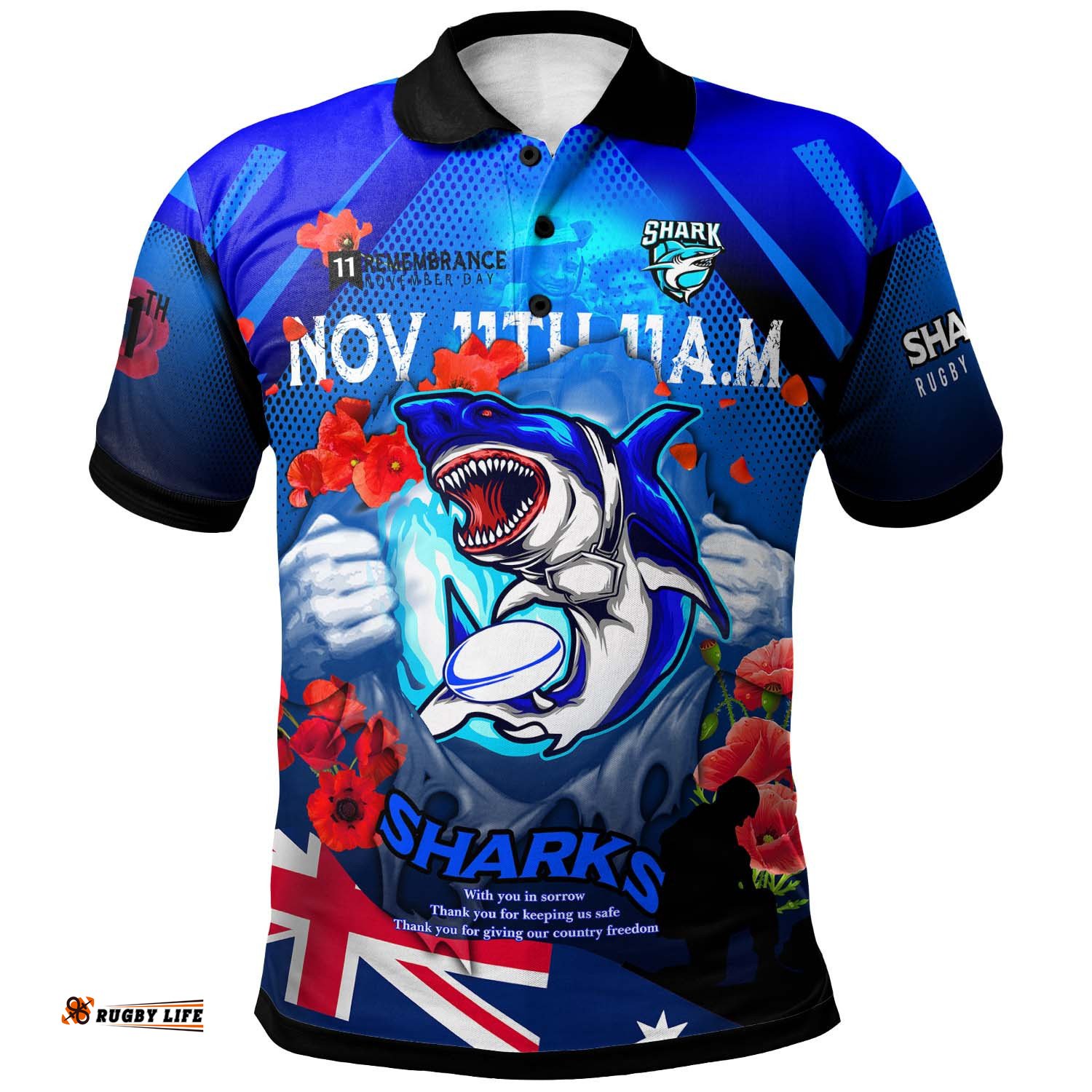 Sharks Rugby Polo Shirt - Custom Sharks Remembrance Day Lest We Forget Poppies Polo Shirt Amazing Aussie