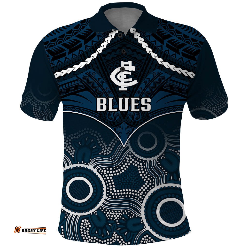 Personalised Carlton Football Polo Shirt Blues Aboriginal Mix Polynesian Pattern