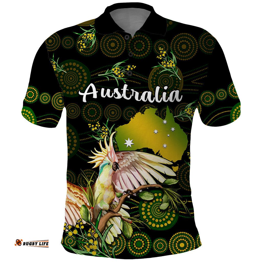 Custom Personalised Australia Polo Shirt Golden Wattle Mix Cockatoo And Map