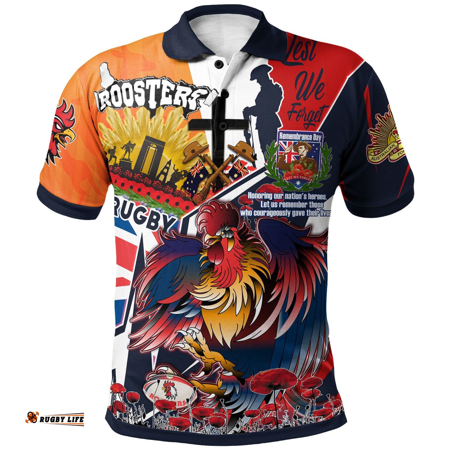 Roosters Rugby Polo Shirt - Custom Remembrance Roosters Anzac Quote With Poppy And Rosemary Polo Shirt Amazing Aussie
