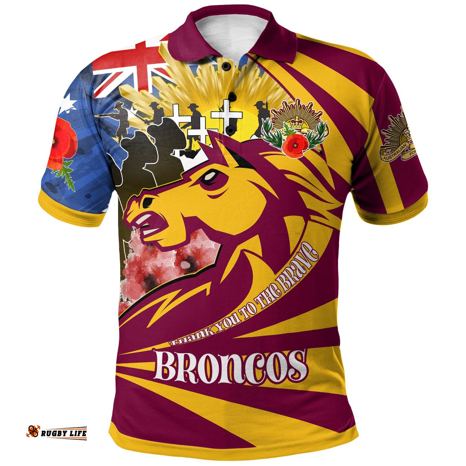 Broncos Rugby Polo Shirt - Custom Remembrance Broncos With Poppy And Rosemary Polo Shirt Amazing Aussie
