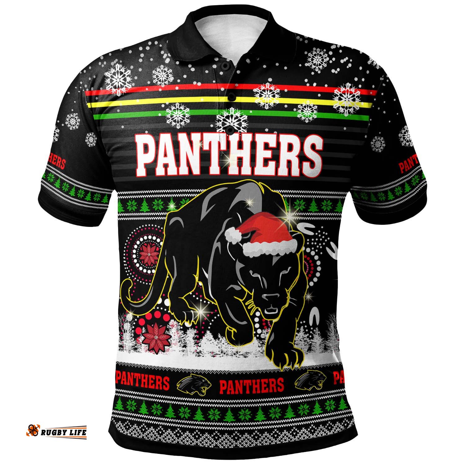Panthers Rugby Christmas Polo Shirt - Custom Panthers Ugly Christmas And Aboriginal Patterns Polo Shirt Amazing Aussie