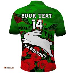 Custom Text And Number Rabbitohs Rugby ANZAC Polo Shirt South Sydney Camouflage Poppy Aboriginal Amazing Aussie