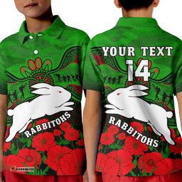 Custom Text And Number Rabbitohs Rugby ANZAC Polo Shirt South Sydney Camouflage Poppy Aboriginal Amazing Aussie
