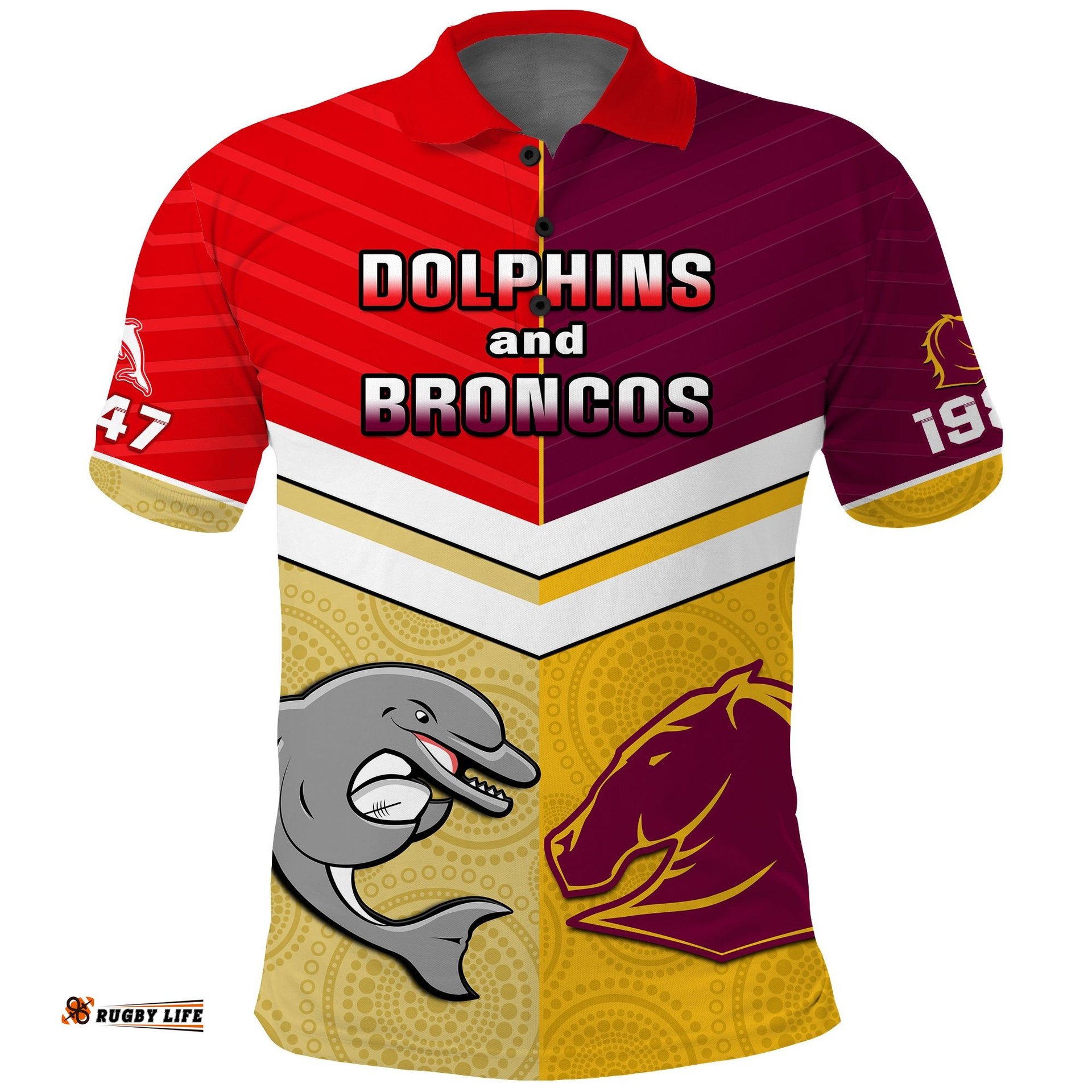 Custom Text And Number Dolphins Mix Broncos Rugby Polo Shirt Indigenous Art Amazing Aussie