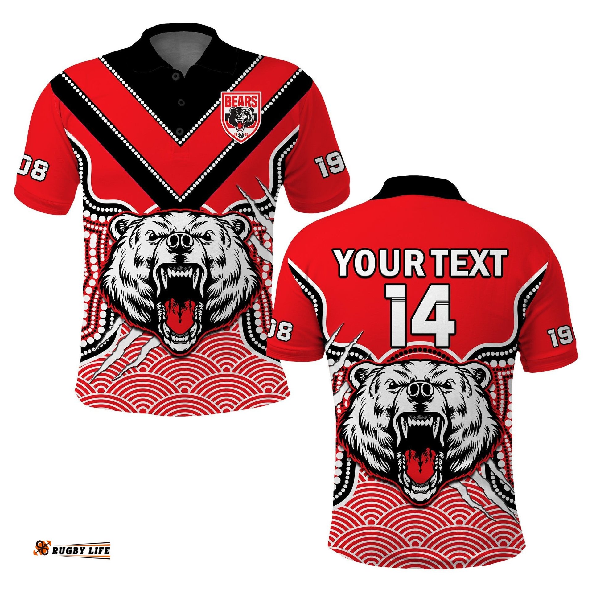 Custom Text And Number North Sydney Rugby Polo Shirt Bears 1908 Indigenous Pattern Amazing Aussie