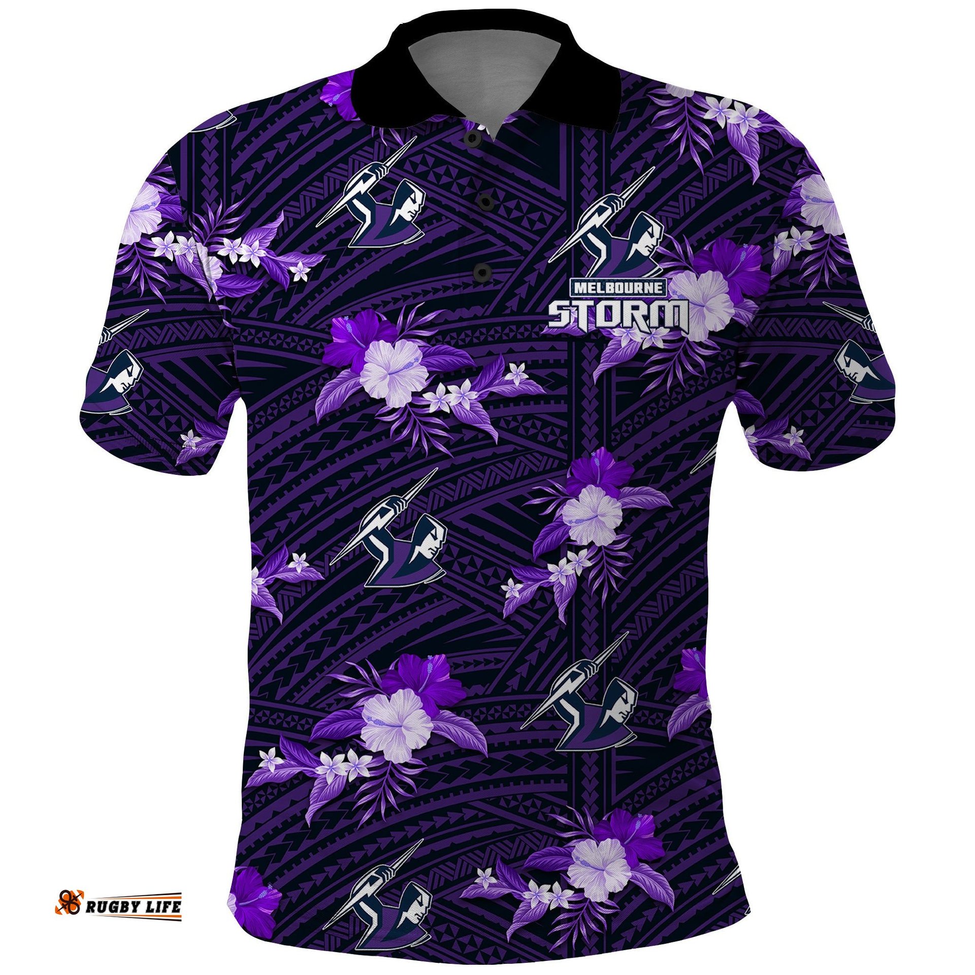Custom Text And Number Storm Rugby Polo Shirt Polynesian Tribal Mix Tropical Hawaiian Style