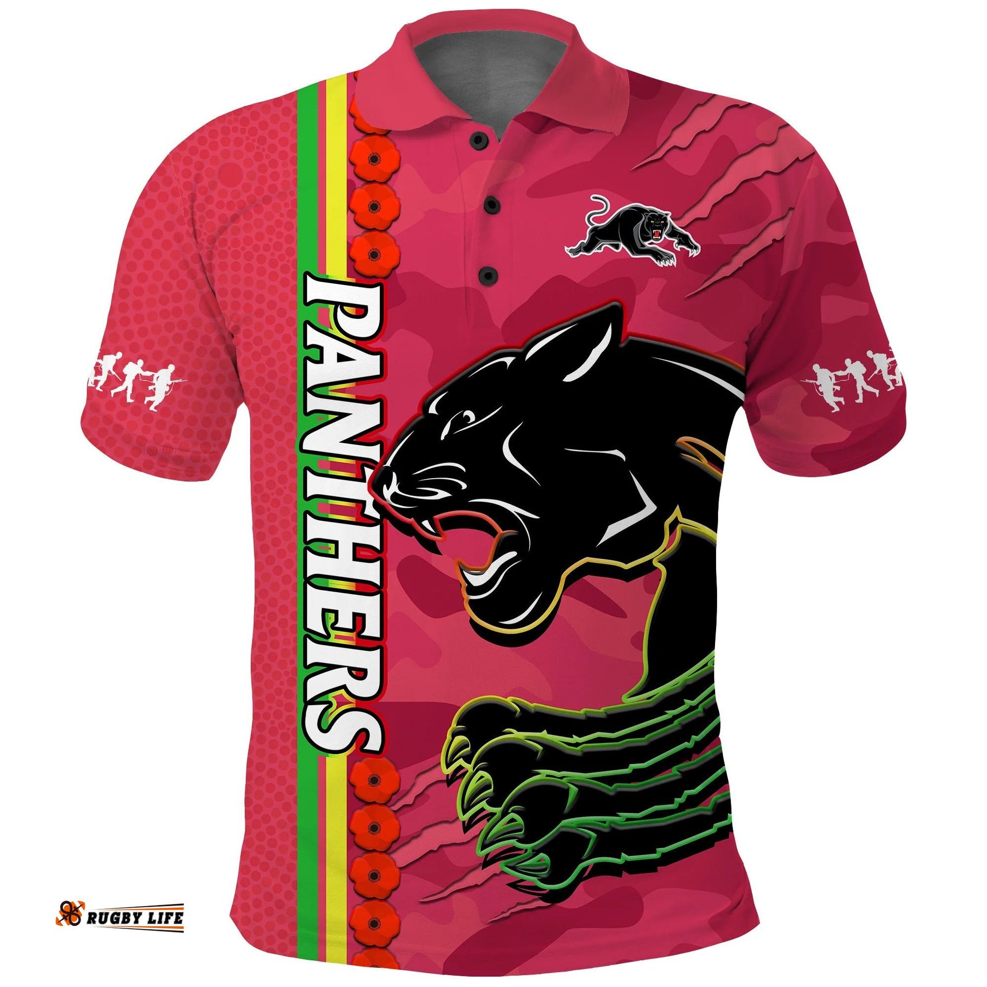 Custom Text And Number Panthers Rugby ANZAC Polo Shirt Aboriginal Mix Poppy Camouflage Pink Amazing Aussie
