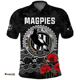 Custom Text and Number Magpies Football ANZAC Day Polo Shirt Speical Poppy mix Aboriginal Amazing Aussie