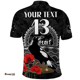 Custom Text and Number Magpies Football ANZAC Day Polo Shirt Speical Poppy mix Aboriginal Amazing Aussie