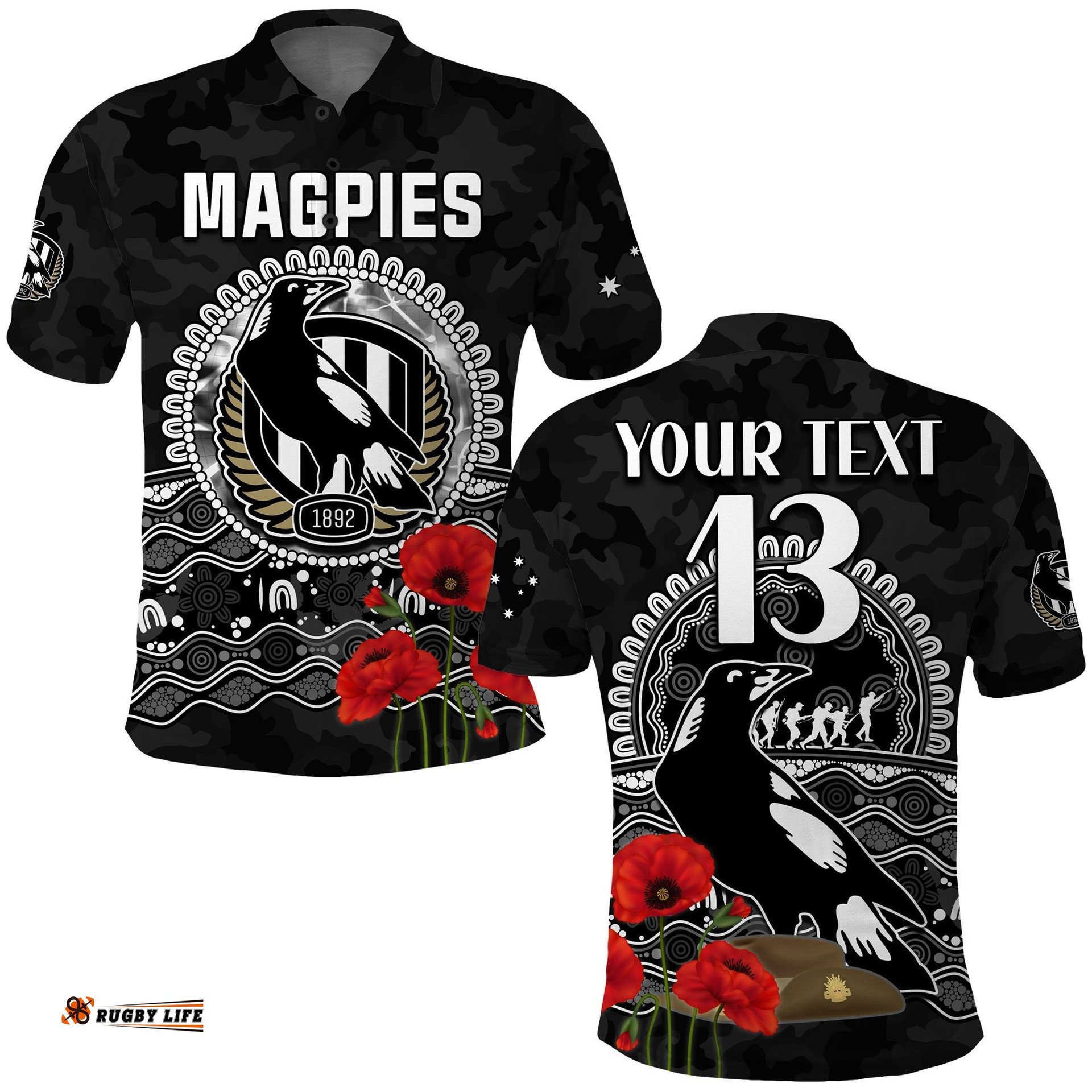 Custom Text and Number Magpies Football ANZAC Day Polo Shirt Speical Poppy mix Aboriginal Amazing Aussie