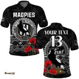 Custom Text and Number Magpies Football ANZAC Day Polo Shirt Speical Poppy mix Aboriginal Amazing Aussie