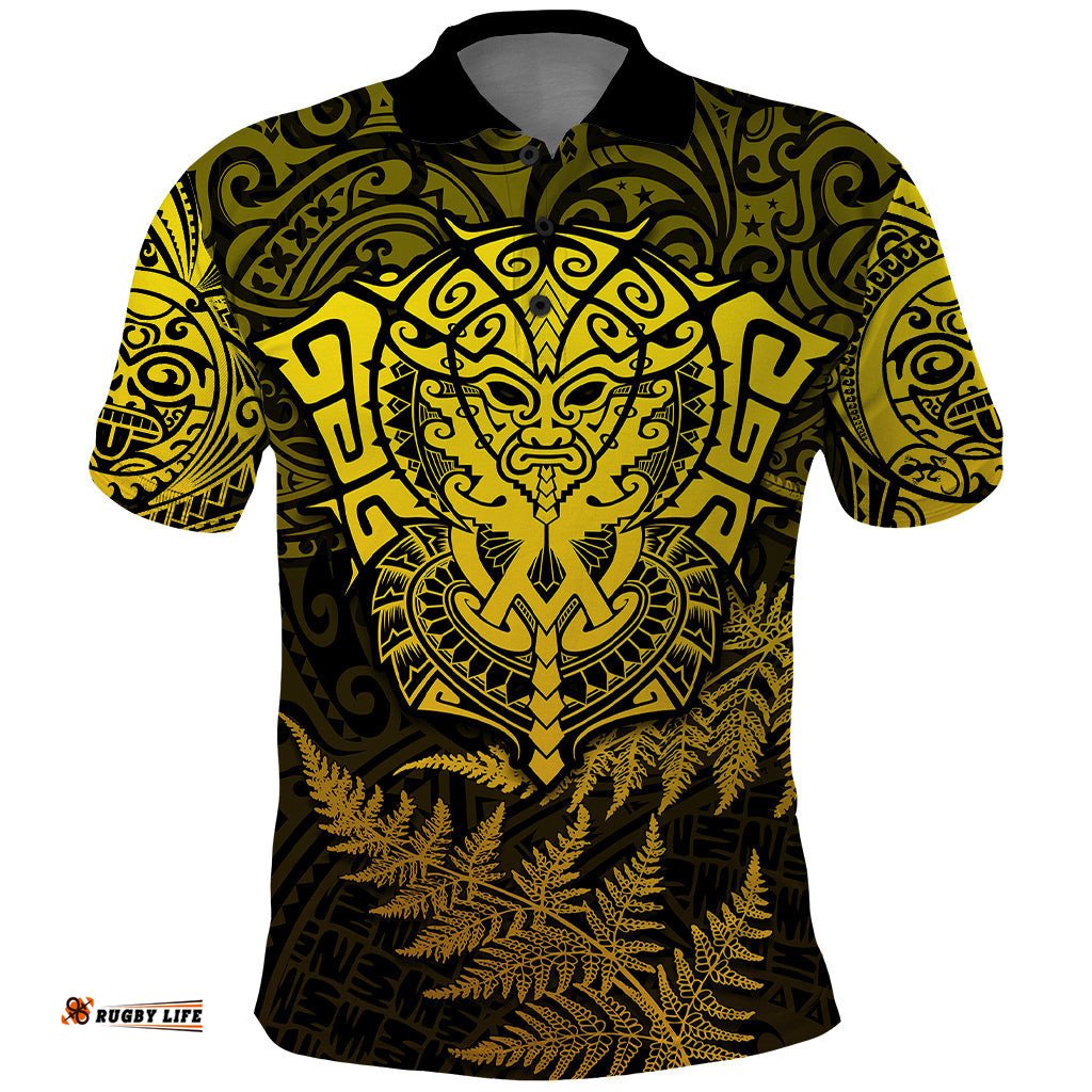 New Zealand Rugby Polo Shirt Silver Fern All Black Mix Ta Moko Gold Style