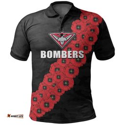 Custom Personalised AFL Bombers Polo Shirt Anzac Day Poppy Flowers Jersey Amazing Aussie