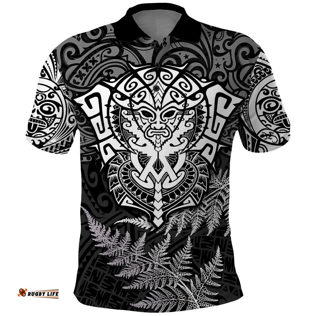 Personalised New Zealand Rugby Polo Shirt Silver Fern All Black Mix Ta Moko White Style