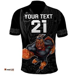 Custom Warriors Permier 2023 Polo Shirt The Wahs Mascot with Maori Tattoo
