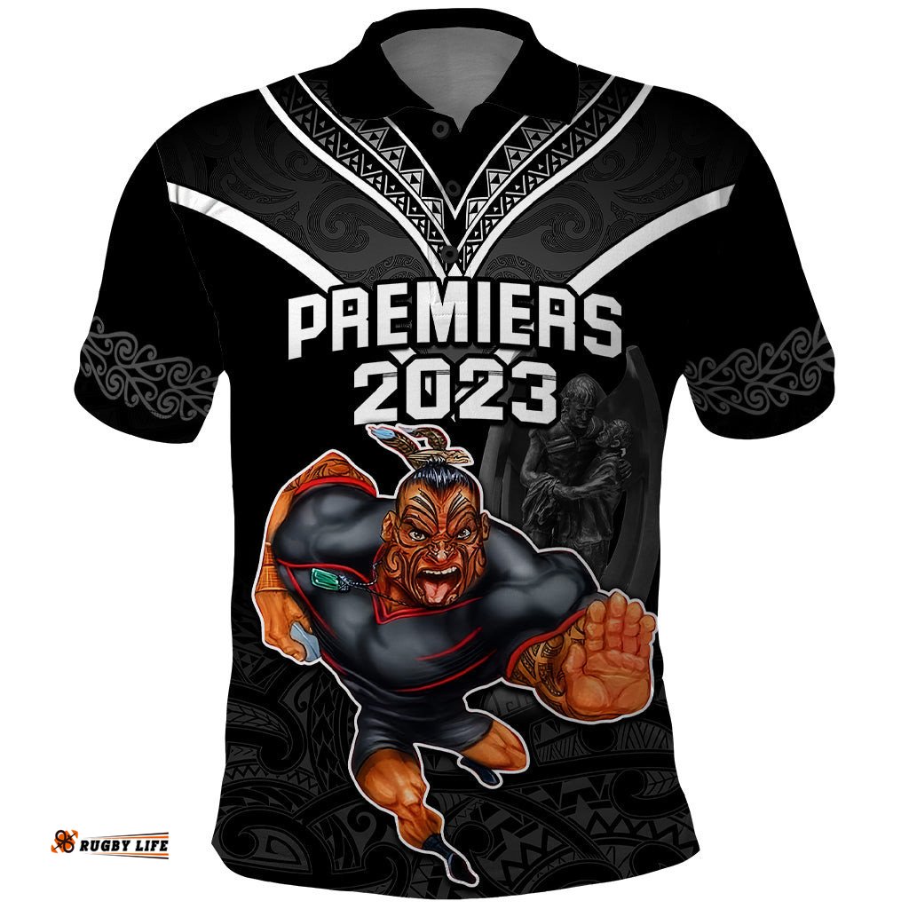 Custom Warriors Permier 2023 Polo Shirt The Wahs Mascot with Maori Tattoo