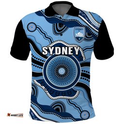 Sydney Football Polo Shirt Aboriginal Go Sky Blues Art Amazing Aussie