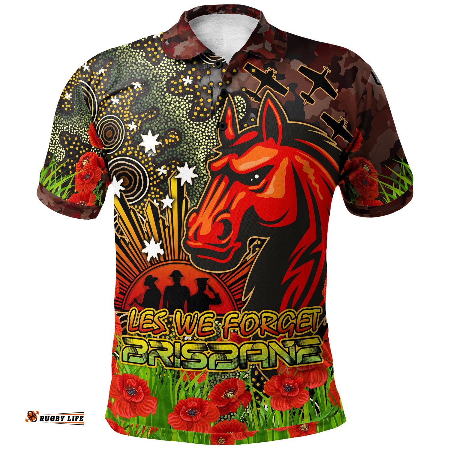 Australia Brisbane Rugby Custom Polo Shirt - Anzac Brisbane with Remembrance Poppy and Indigenous Patterns Polo Shirt Amazing Aussie