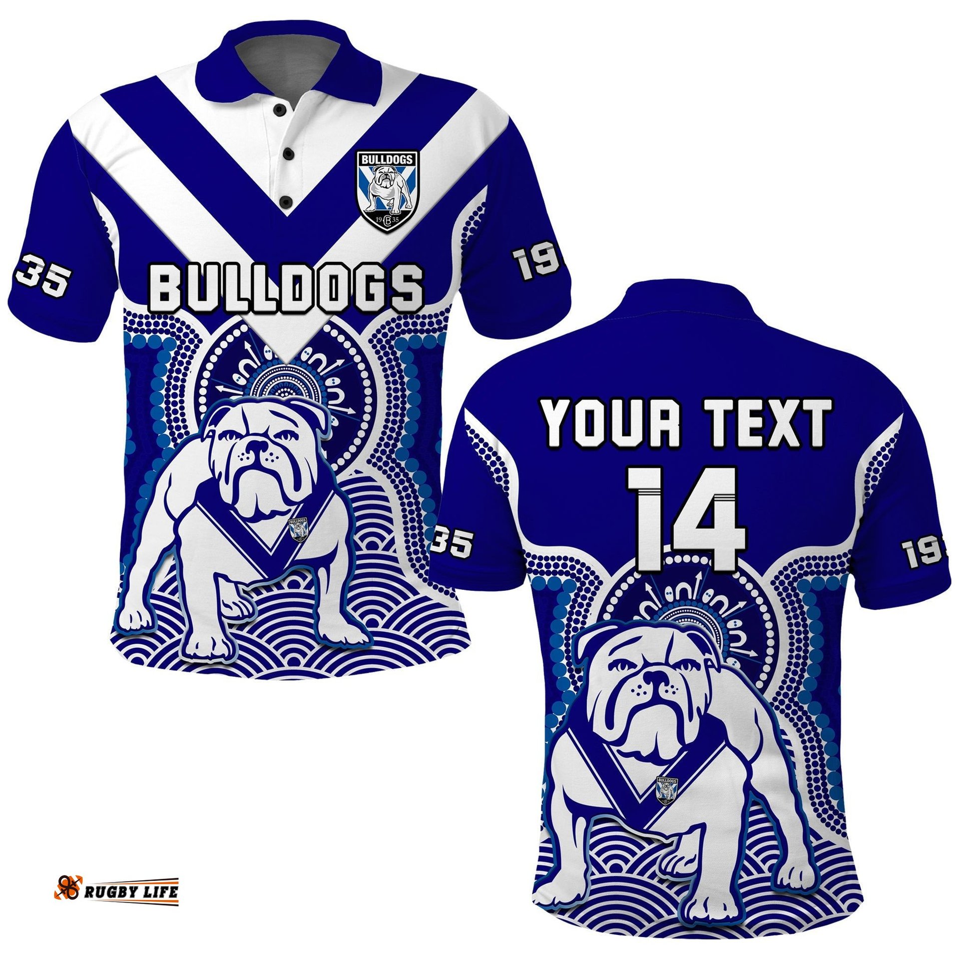 Custom Text And Number Bulldogs Rugby Polo Shirt Canterbury Bankstown 1935 Indigenous Artsy Amazing Aussie