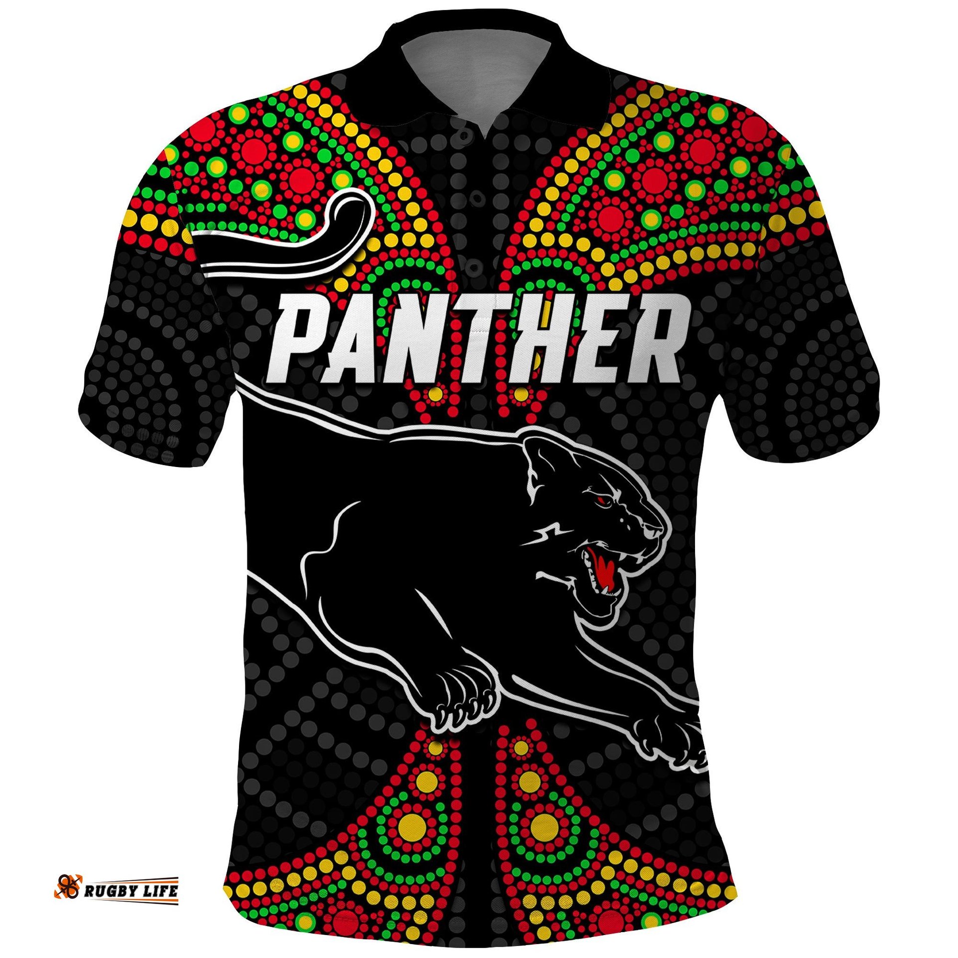 Panthers Liquorice Allsorts Rugby Aboriginal Polo Shirt Amazing Aussie