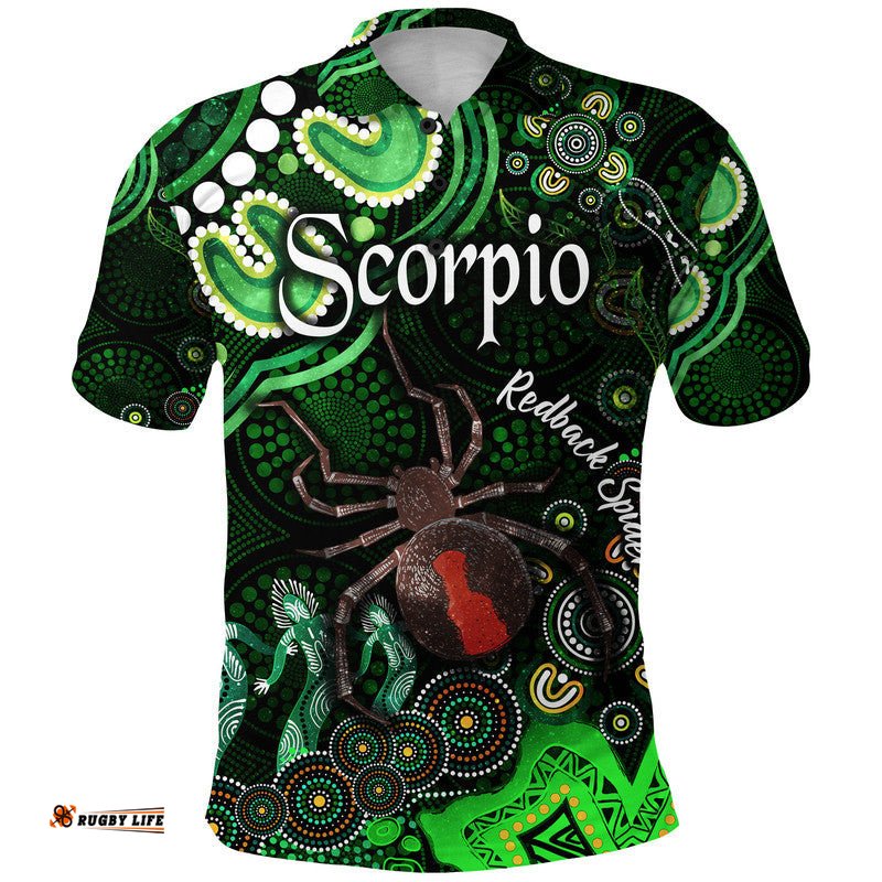 Australian Astrology Polo Shirt Scorpio Redback Spider Zodiac Aboriginal Vibes - Green Amazing Aussie