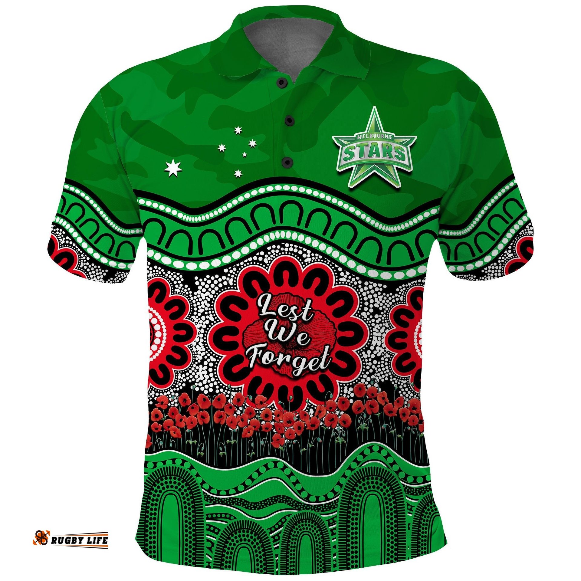 Stars Cricket ANZAC Polo Shirt Melbourne Poppy Aboriginal Camouflage Amazing Aussie