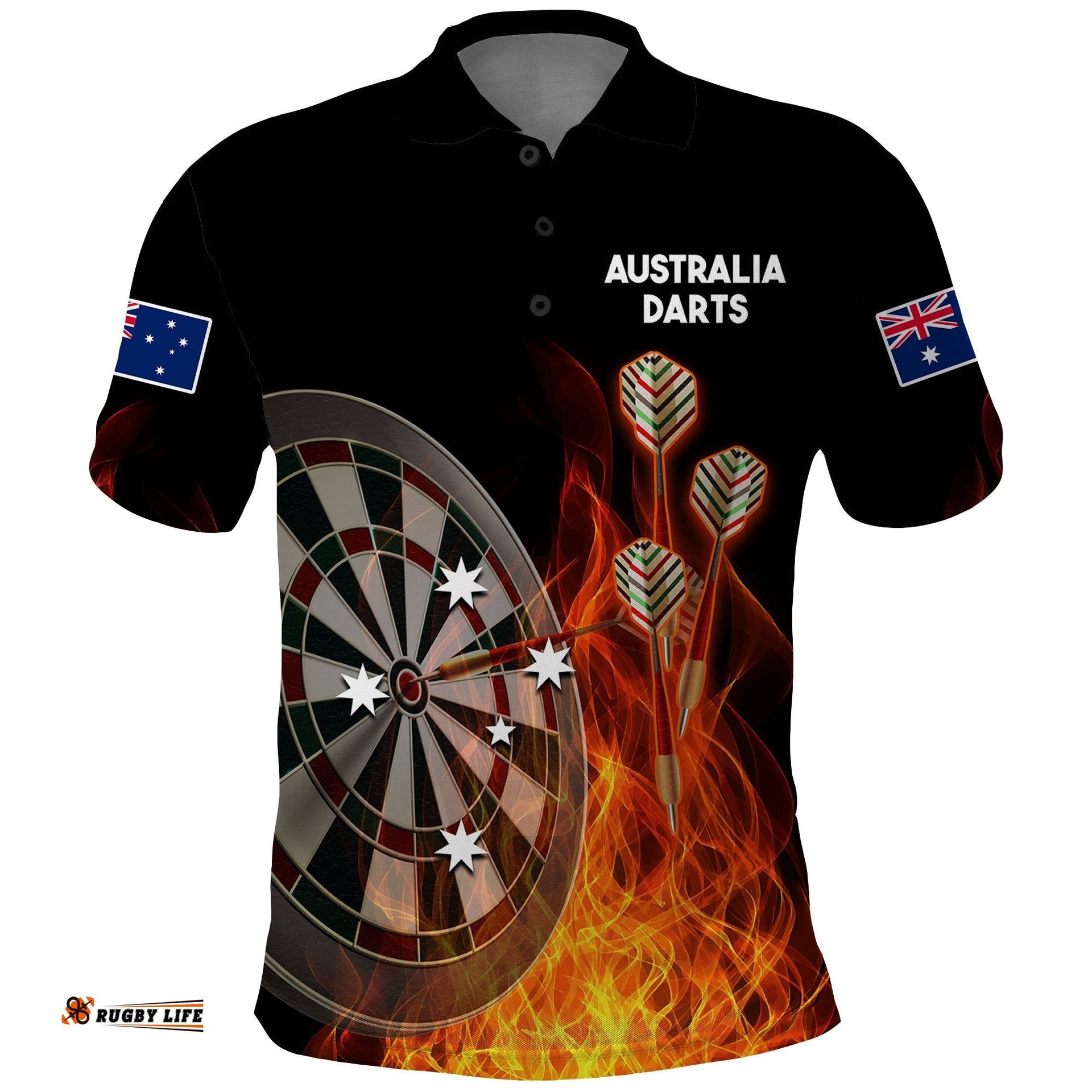 Custom Personalised Australia Darts Fire Burning Black Style Polo Shirt Amazing Aussie