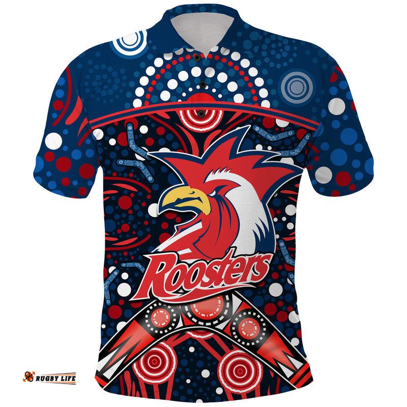 Roosters Rugby Polo Shirt Boomerang Indigenous Dots Amazing Aussie